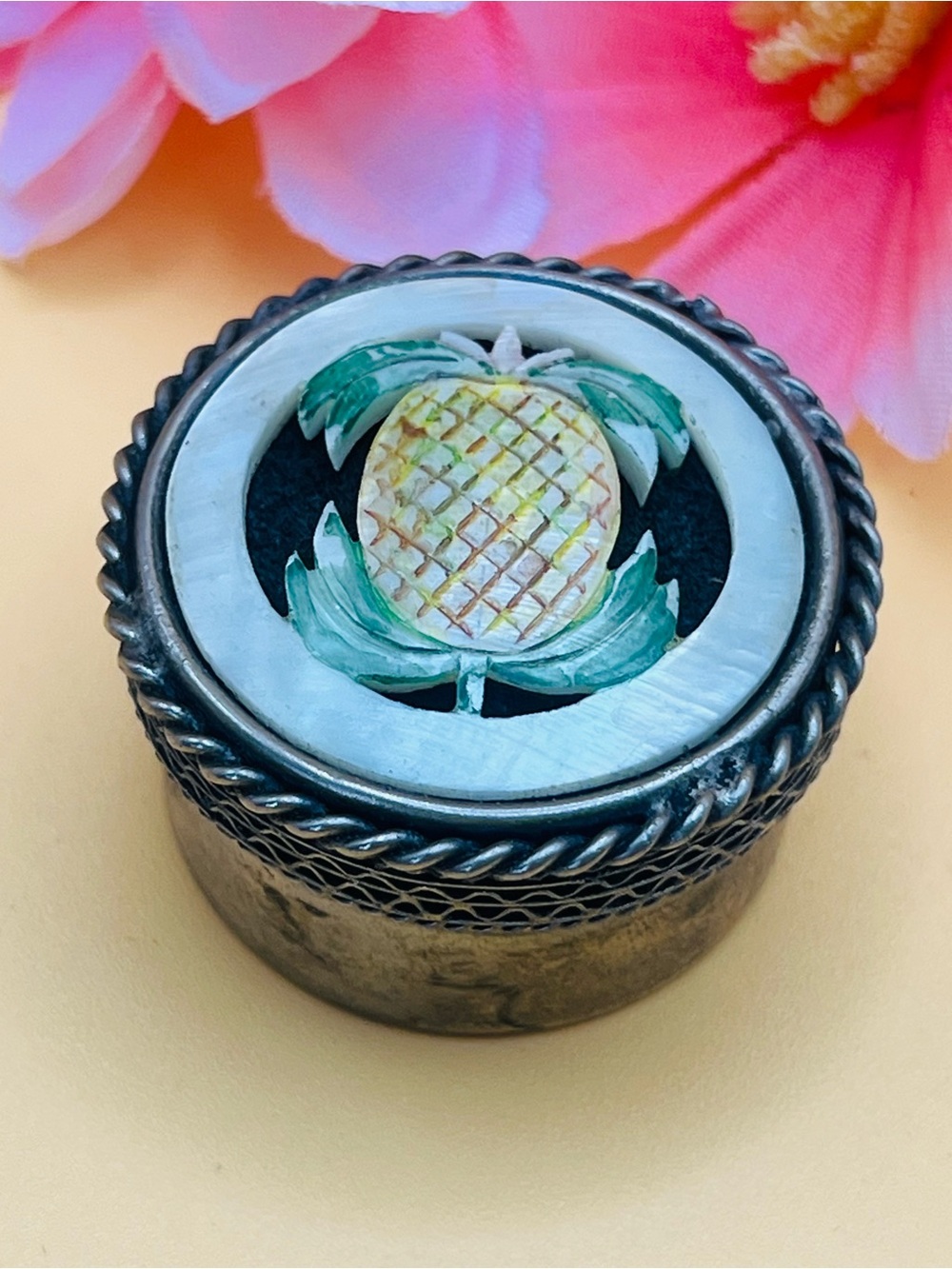 Round silver Pineapple Decorative Trinket Box - mother of Pearl